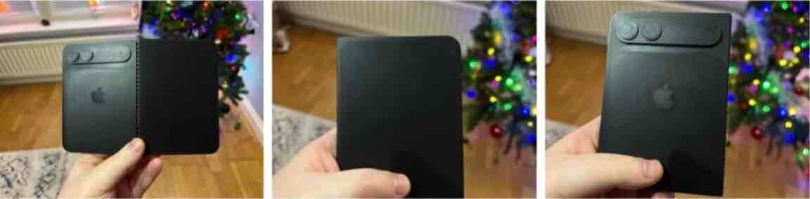 折りたたみiPhoneの1:1プラスチック模型を手に持った様子。閉じた状態や背面デザイン、カメラ配置の違いを示す複数カットが並んでいる。