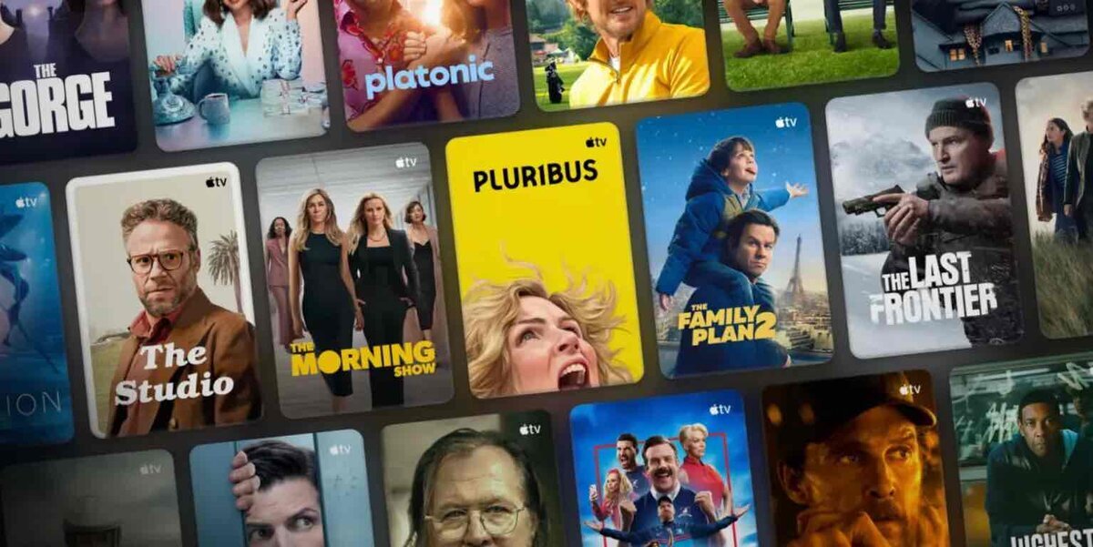 Apple TV+の作品ラインナップが並ぶホーム画面。『The Morning Show』『The Studio』『PLURIBUS』『The Family Plan 2』などの作品ポスターが一覧表示されている