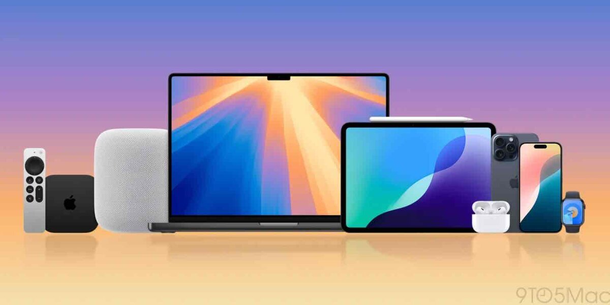 iPhone、iPad、Mac、Apple Watch、AirPods、HomePodなどApple製品が並ぶエコシステム全体のイメージ