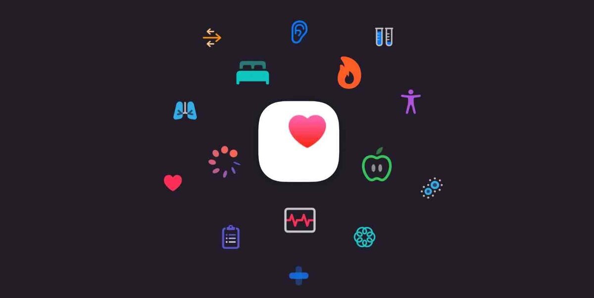Appleの「ヘルスケア」アプリのアイコンを中央に配置し、心拍・睡眠・運動・体温・聴覚・栄養など健康管理を示す各種カラフルなアイコンが円状に並んだイメージ画像