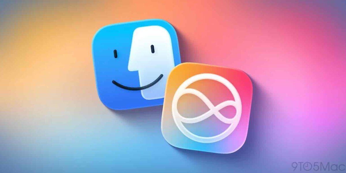 macOSのFinderアイコンと、AppleのAI／検索機能を示すループ状ロゴを並べて配置したイメージ画像。背景はオレンジ、ピンク、ブルーが溶け合うグラデーション