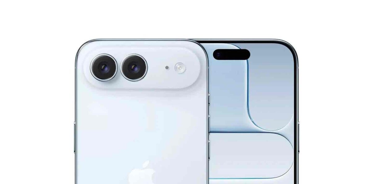 背面にデュアルカメラを横並びで搭載したiPhone Air 2（想定）と、前面にDynamic Islandを備えた正面デザインを並べて示したレンダリング画像
