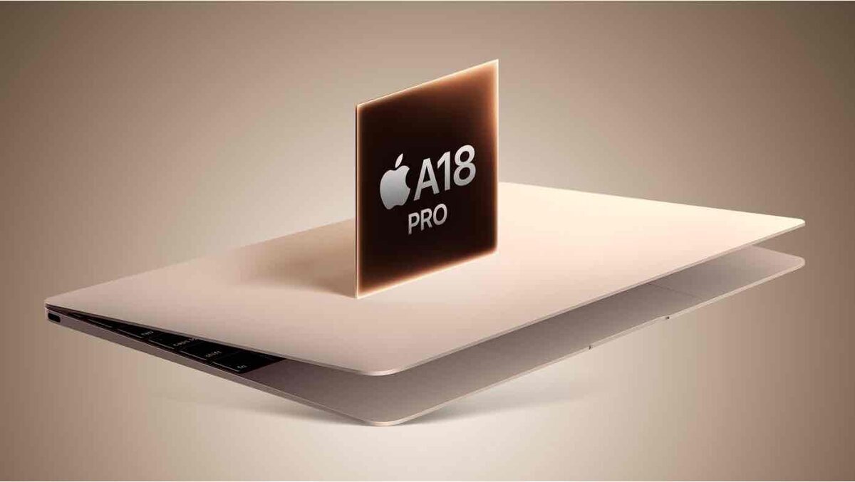 A18 Proチップのロゴが浮かぶ、超薄型のMacBook風ノートPCイメージ画像