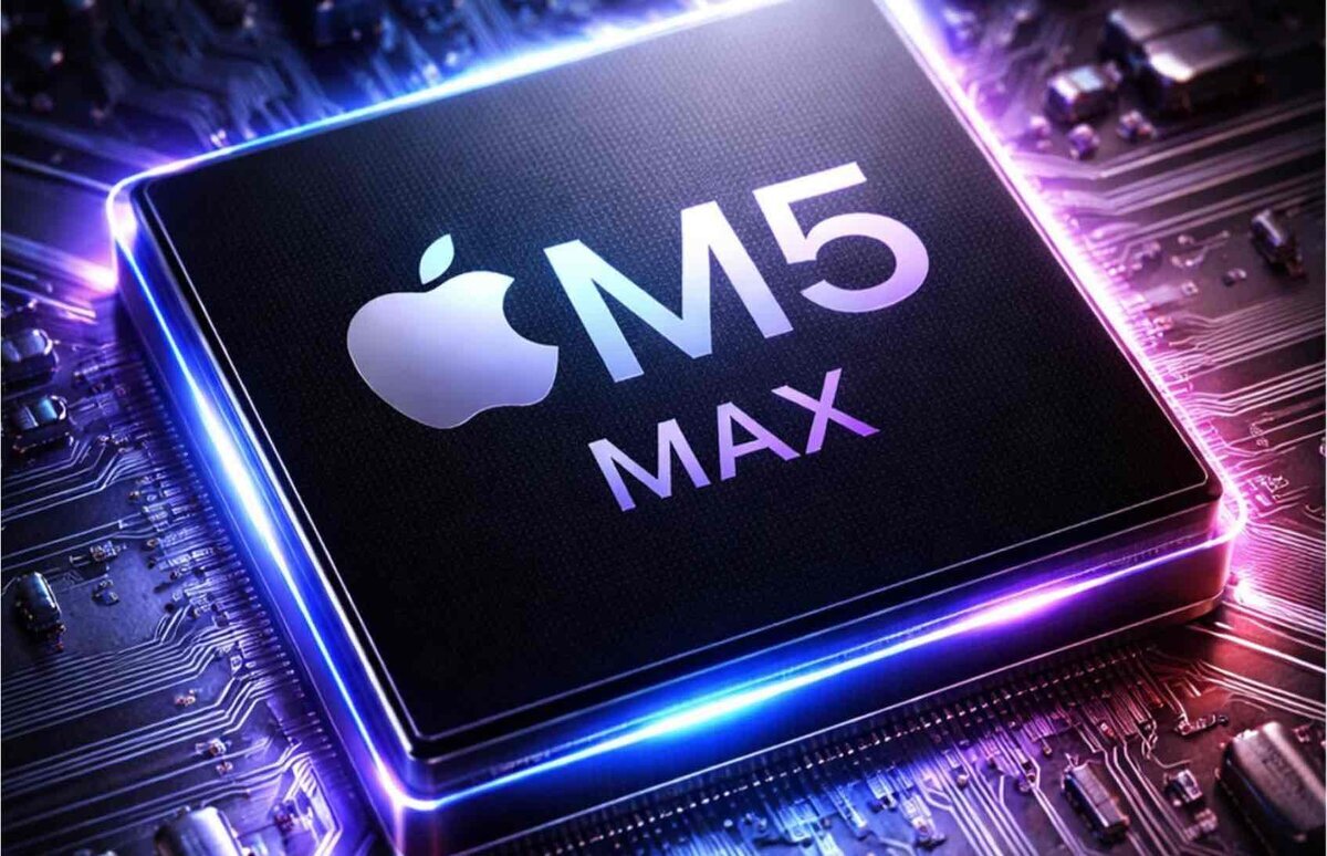 Appleの次世代チップ「M5 Max」をイメージしたレンダリング画像。基板上に配置された大型SoCにAppleロゴと「M5 MAX」の文字が描かれ、周囲が青紫の発光エフェクトで強調されている