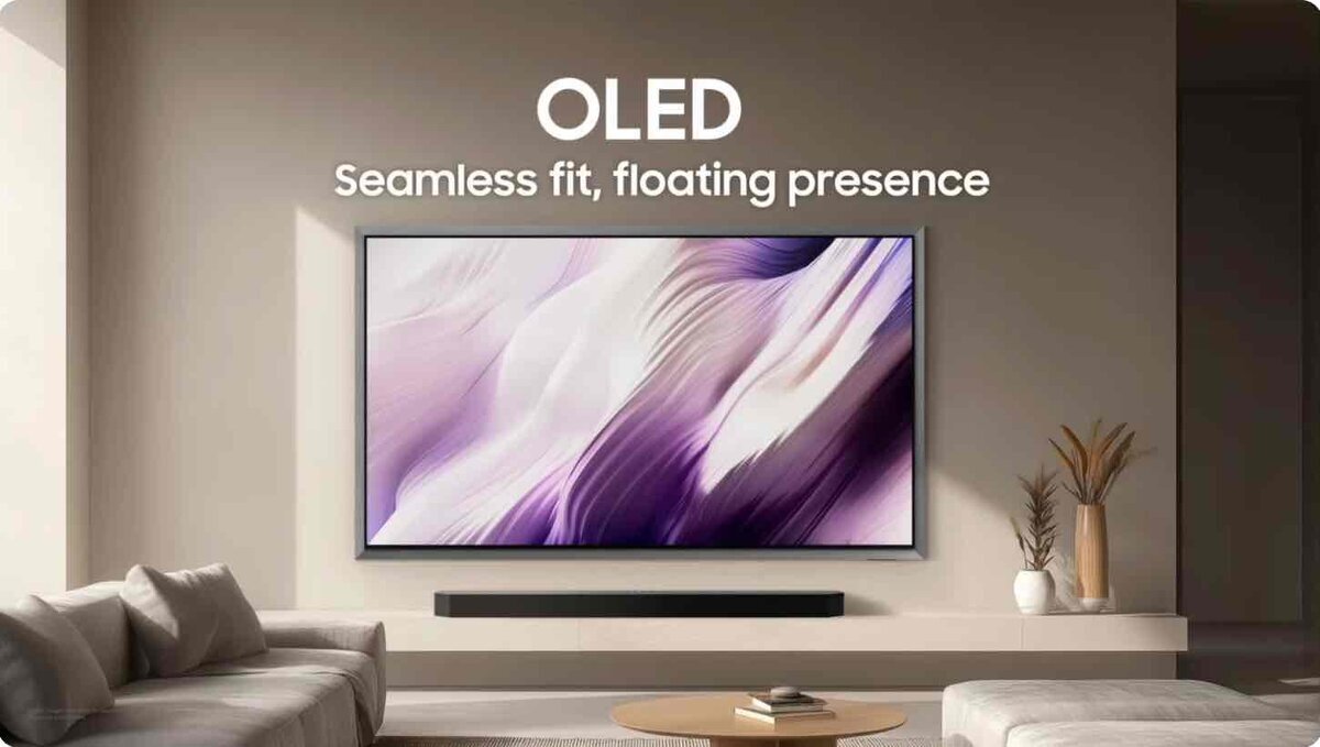 壁にぴったりと設置された薄型OLEDテレビが、紫系の抽象的な映像を表示し、「OLED Seamless fit, floating presence」というキャッチコピーが掲示されたリビング空間の展示イメージ