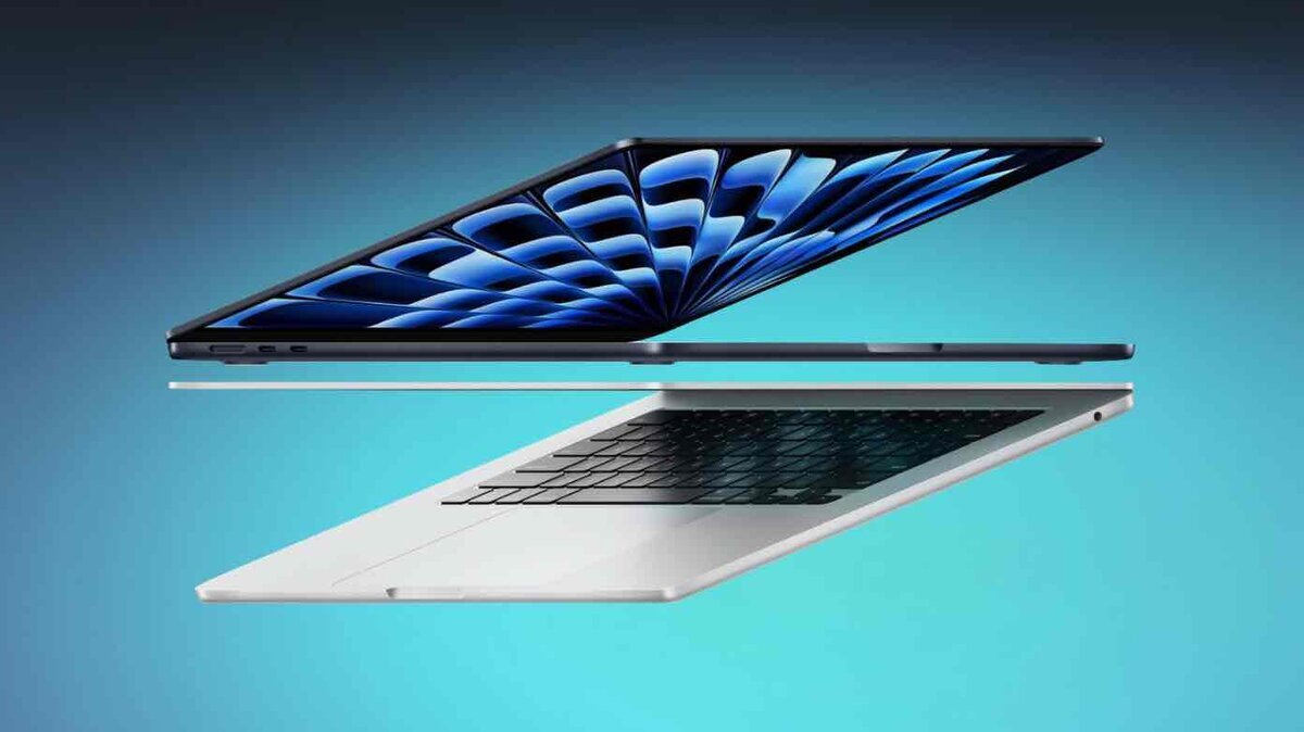 薄型デザインを強調したMacBookのコンセプトイメージ。上下に分離した本体構造が描かれている