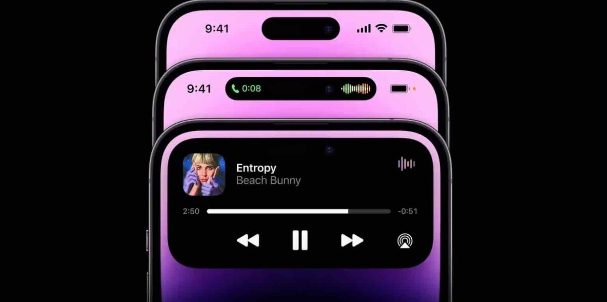 3台のiPhoneが重なったイメージで、Dynamic Islandと「Now Playing（音楽再生）」画面の表示例が示されている