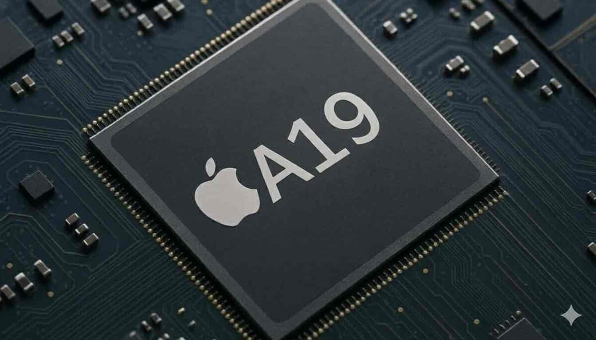 Appleロゴと「A19」の刻印が入ったチップを、基板上でクローズアップした画像