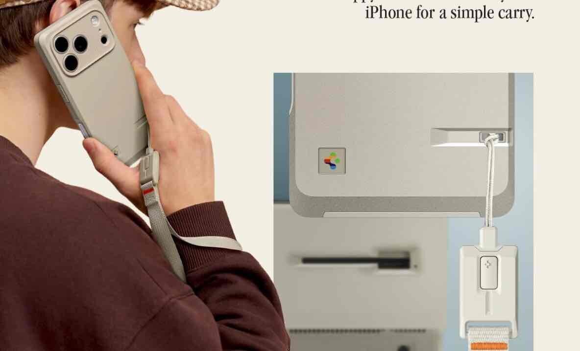 初代Macintosh風デザインのSpigen「Classic LS」ケースを装着したiPhone 17 Proをストラップ付きで手に持つ様子。背面左下にはマルチカラー風ロゴ、側面にはフロッピーディスクスロットを思わせる意匠が確認できる