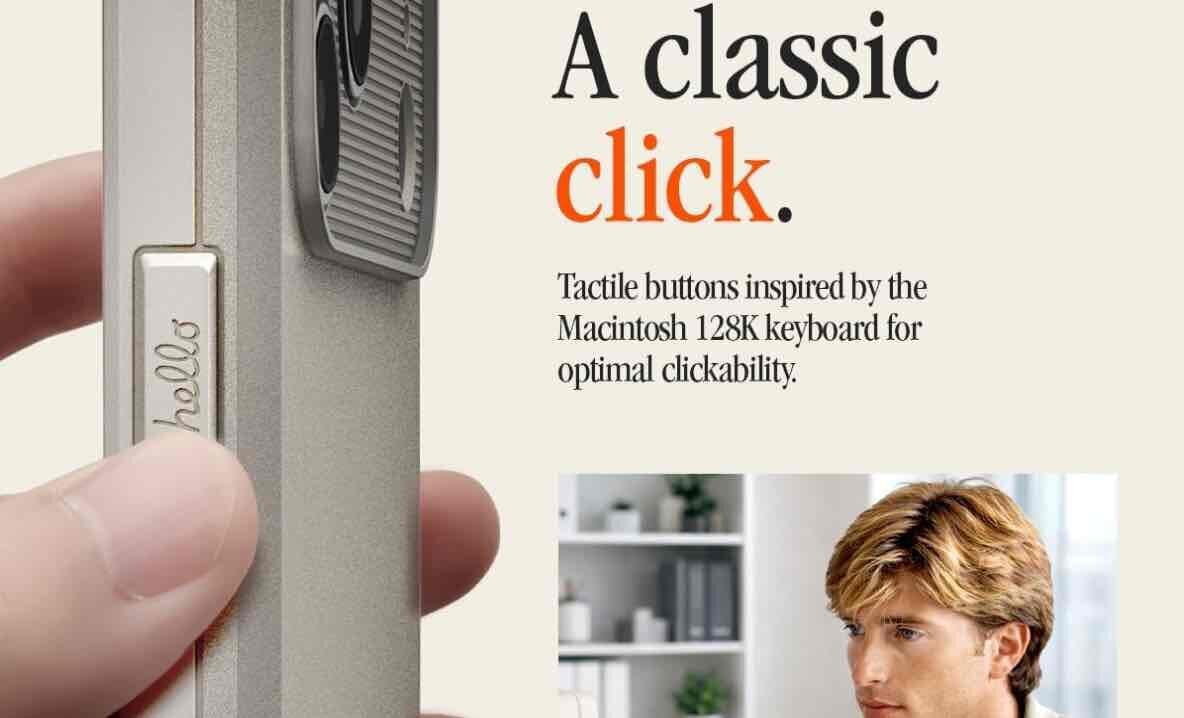 SpigenのiPhone 17 Pro用ケース『Classic LS』の側面ボタン部分。Macintosh 128Kのキーボードに着想を得たクリック感を強調したメタル調ボタンと、ケースの質感が分かるクローズアップ