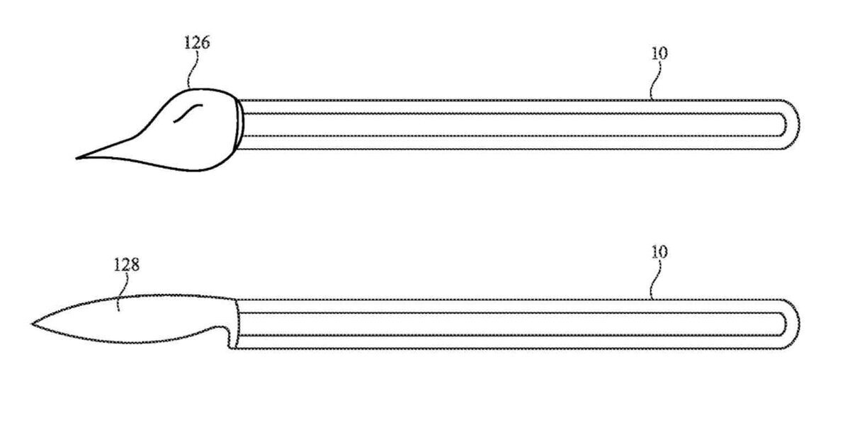 Appleの特許図に描かれたマーカー型ハンドヘルド・コントローラー。先端形状が異なる2例（ブラシ状とナイフ状）が示され、細長い筐体に仮想ツール先端を重ねて使う想定が分かる図