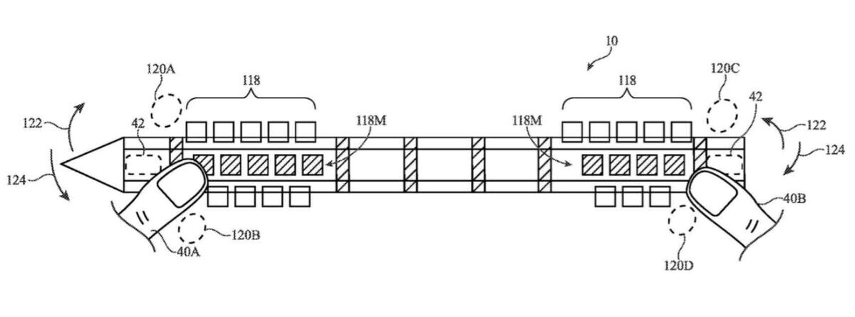 Appleの特許図に示されたマーカー型ハンドヘルド・コントローラーの内部構成と操作例。筐体側面に配置された複数の入力部やセンサーを指で操作し、回転や押下などのジェスチャーを検知する仕組みが描かれている図