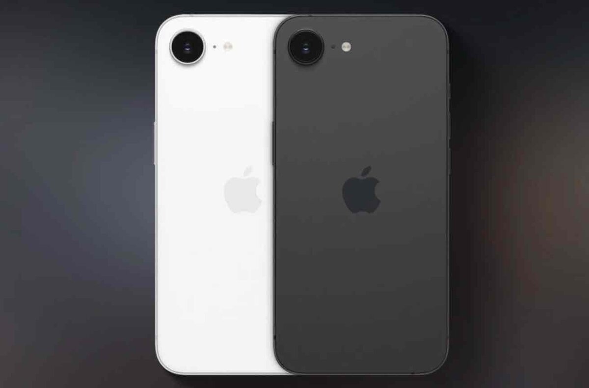 シングルカメラのiPhone背面イメージ。白と黒の2台が重なって並び、上部左に単眼レンズとフラッシュ、中央にAppleロゴが見える写真