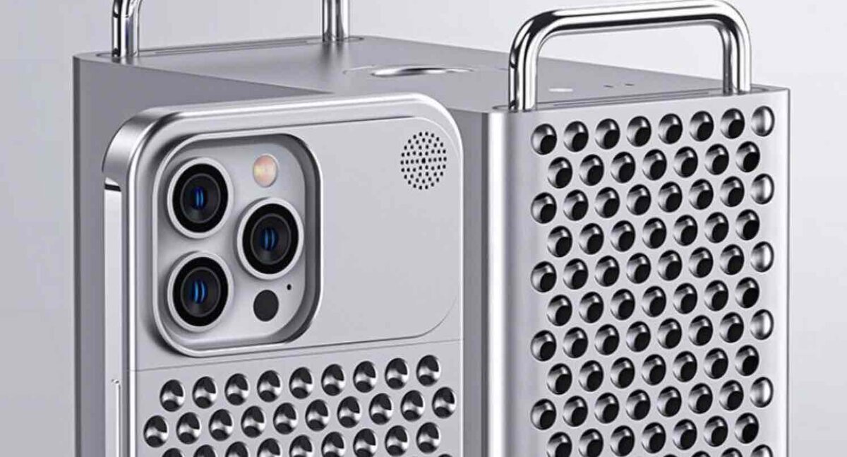 Mac Pro風の穴あきデザインを採用したアルミ製iPhoneケース。背面カメラ周りと放熱用パンチング加工の質感がわかる外観