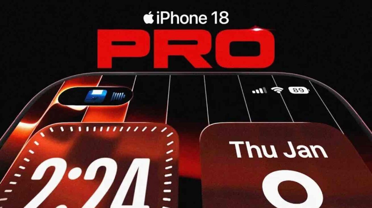 iPhone 18 Proのコンセプト画像。画面上部には従来の薬丸型ではなく小さな丸型のパンチホールがあり、その中にカメラユニットが見えるデザイン。背景には赤色の「PRO」の文字と、ロック画面のウィジェットが表示されている