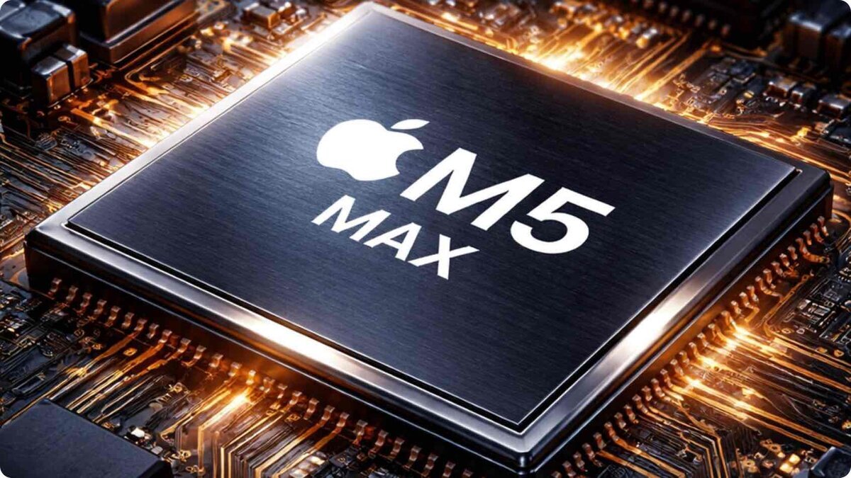 Apple M5 Maxのロゴが入ったチップを、基板上でクローズアップしたイメージ画像