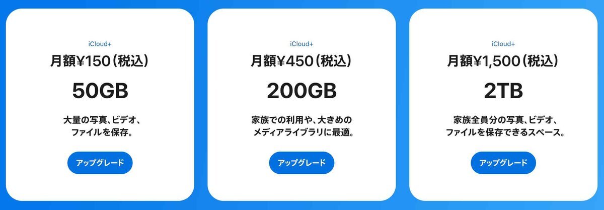 iCloud+の料金プラン一覧。50GBが月額150円、200GBが月額450円、2TBが月額1,500円（いずれも税込）で表示されているApple公式画面