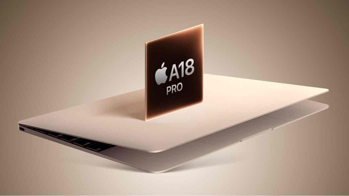 A18 Proチップを象徴するイメージ。薄型ノートPCの内部から立ち上がるように配置されたチップが描かれ、iPhone向けSoCを搭載したMacBookのコンセプトや高性能・省電力を示唆するビジュアル