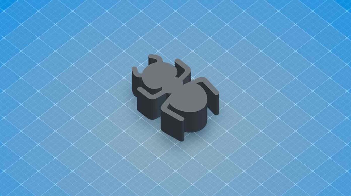 青いグリッド背景の中央に配置された、3Dアイソメトリック・スタイルの黒い虫(バグ)のアイコン