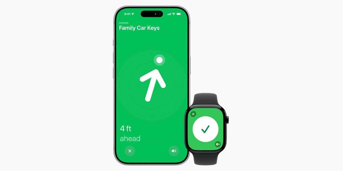 iPhoneとApple Watchで「正確な場所を見つける」を表示し、矢印と距離で対象の位置を案内している画面