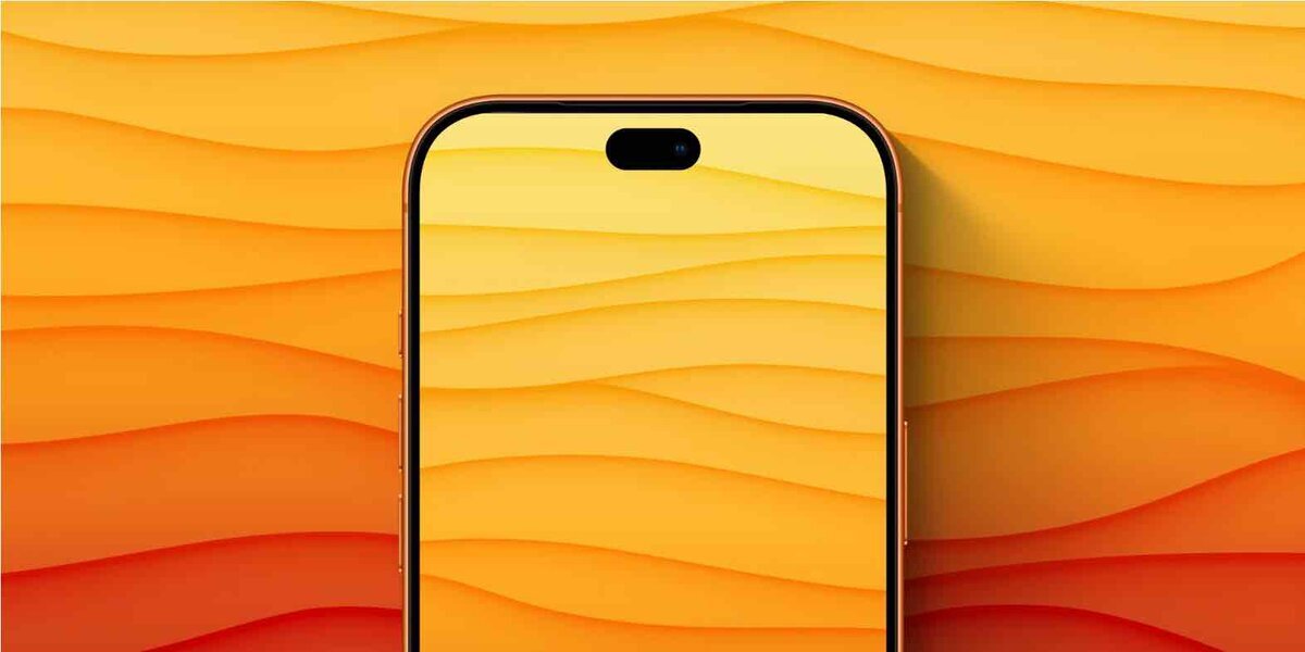オレンジから黄色のグラデーション背景に、中央配置されたiPhoneの正面レンダリング画像。画面上部には小型化されたDynamic Islandがあり、ディスプレイには砂丘のような波状パターンの抽象的な壁紙が表示されている。