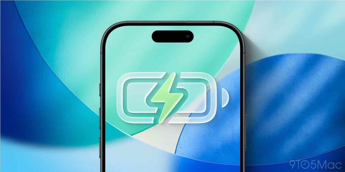 青と緑を基調とした抽象的な背景の中央に、iPhoneの正面レンダリングが配置されたイメージ。画面中央にはバッテリーと稲妻マークのアイコンが重ねられ、バッテリー性能や省電力を象徴するビジュアルになっている。