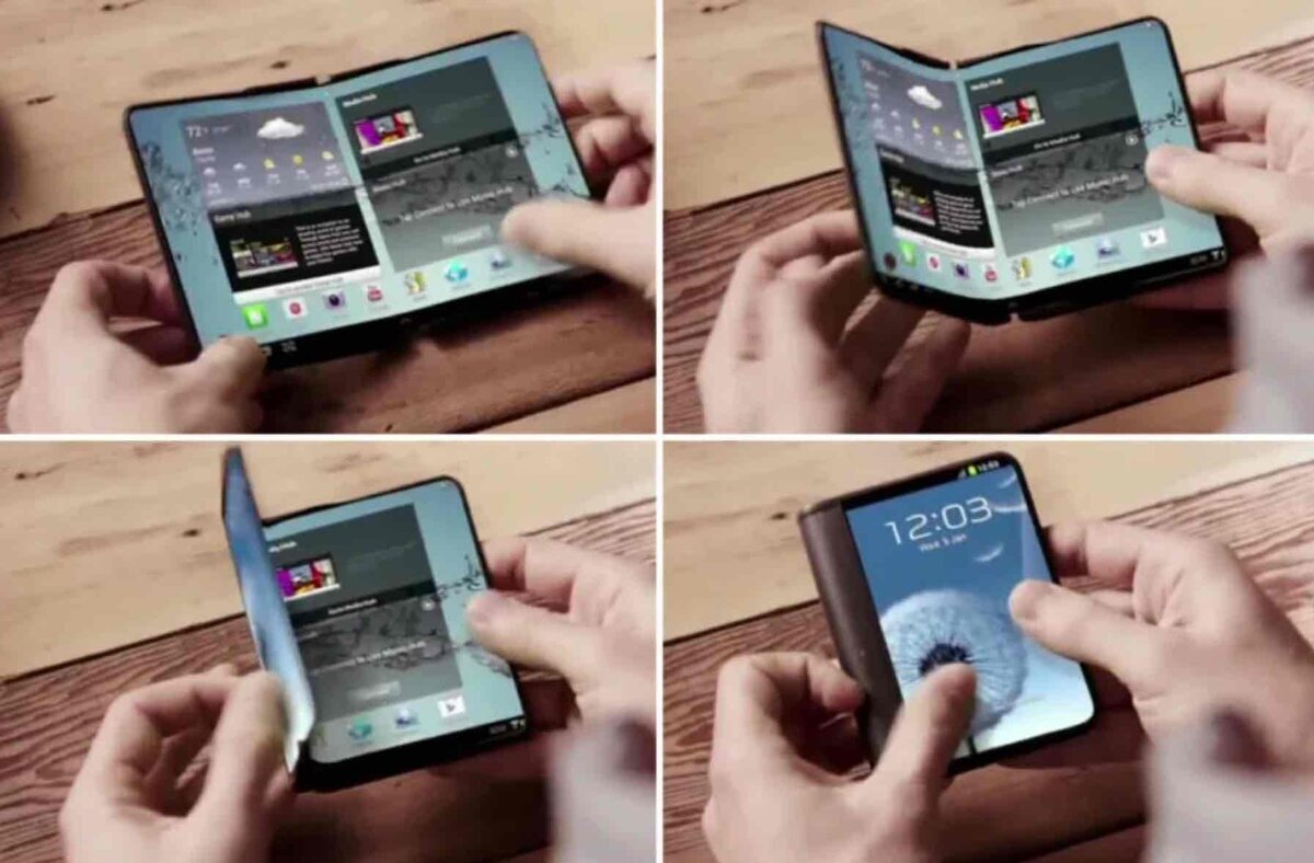 2013年にSamsungが公開した折りたたみデバイスのコンセプト映像。本のように外側に開くワイドなディスプレイと、折りたたんでスマートフォンとして使用する様子を示す4枚のスクリーンショット