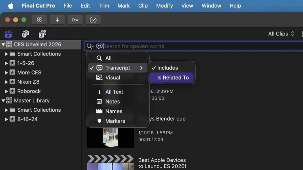 Final Cut Proのクリップブラウザ画面。音声の文字起こし（Transcript）や映像内容（Visual）を条件に、AI検索フィルターを設定している様子