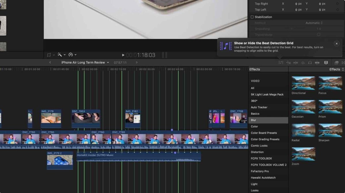 Final Cut Proのタイムライン画面。音楽の拍に合わせて縦線が表示されるビート検出グリッドが有効になり、カット位置を視覚的に確認できる様子