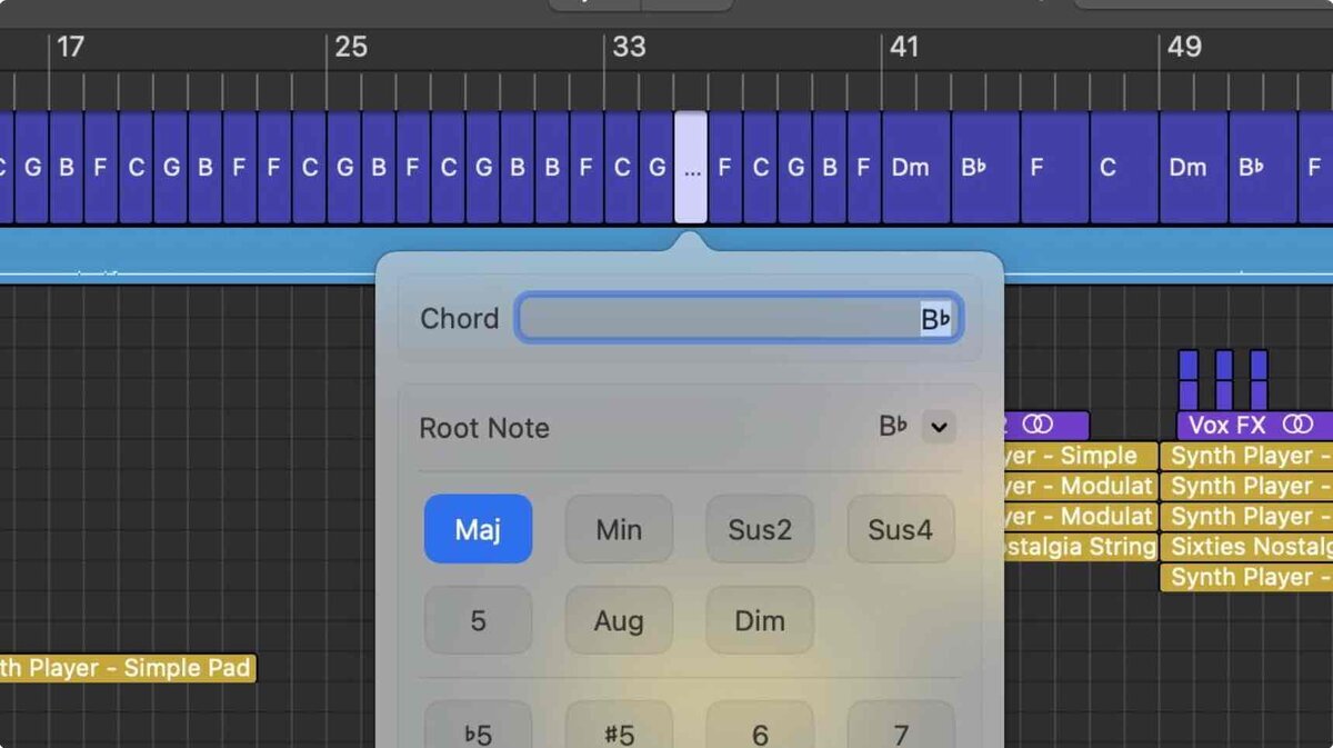 Logic Proの編集画面。演奏データからコード（Bb）を自動識別し、コードタイプを選択できるChord ID機能の設定パネルが表示されている
