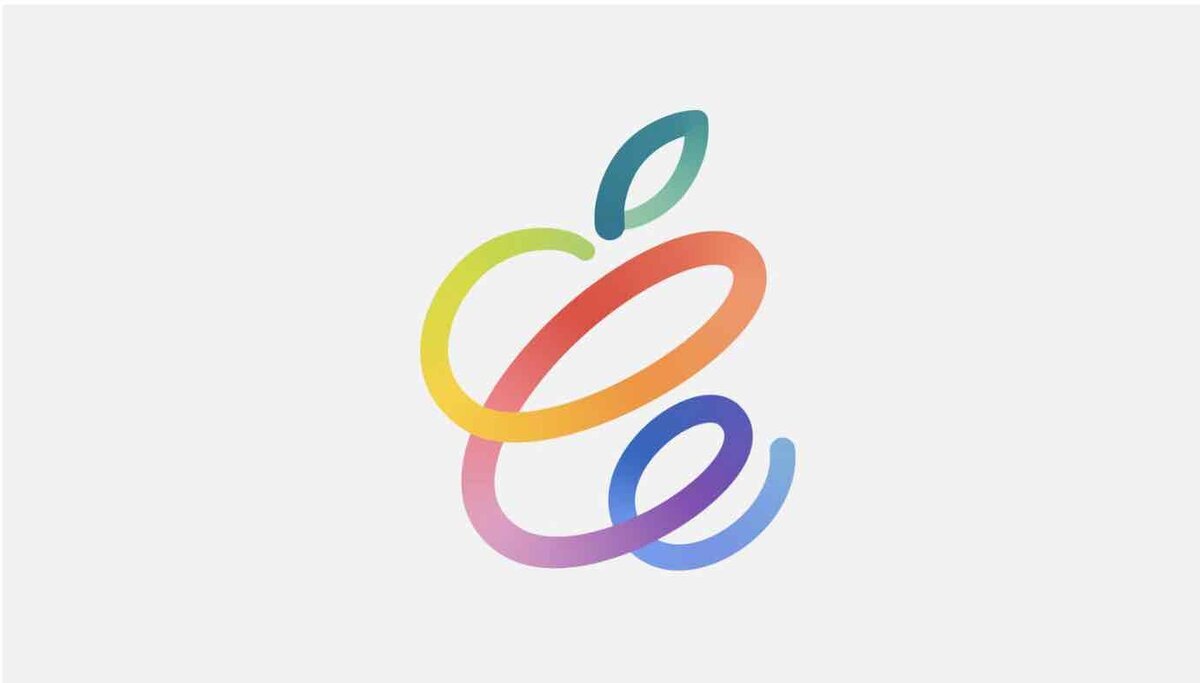 一筆書きのような多色の曲線で描かれた、スタイリッシュなAppleロゴ。緑、オレンジ、黄色、ピンク、青へと変化するグラデーションカラーが特徴で、背景はシンプルな薄いグレー