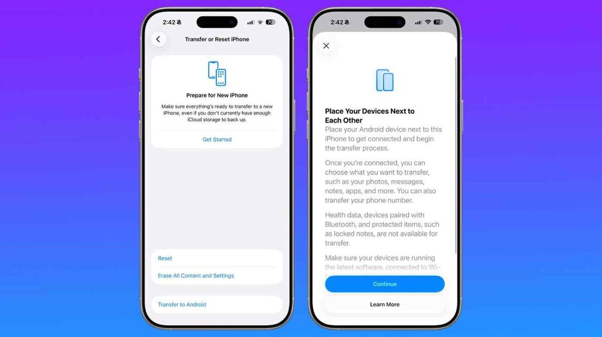 iPhoneの「転送またはiPhoneをリセット」画面に追加された「Androidに転送」と、端末を近づけて転送を始める案内画面を並べたスクリーンショット