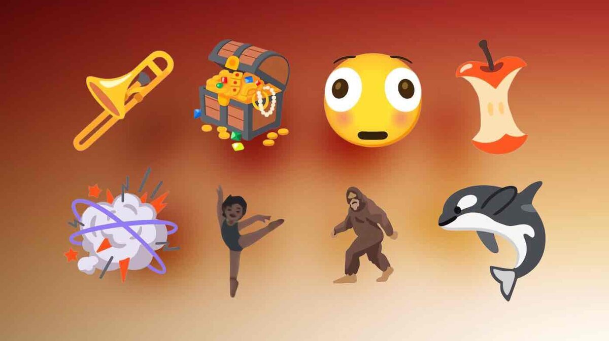 iOS 26.4で追加予定とされる新しい絵文字の一覧イメージ。トロンボーン、宝箱、驚いた表情の顔、リンゴの芯、衝突を表す雲、バレエダンサー、ビッグフット、シャチなどが並んでいるイラスト