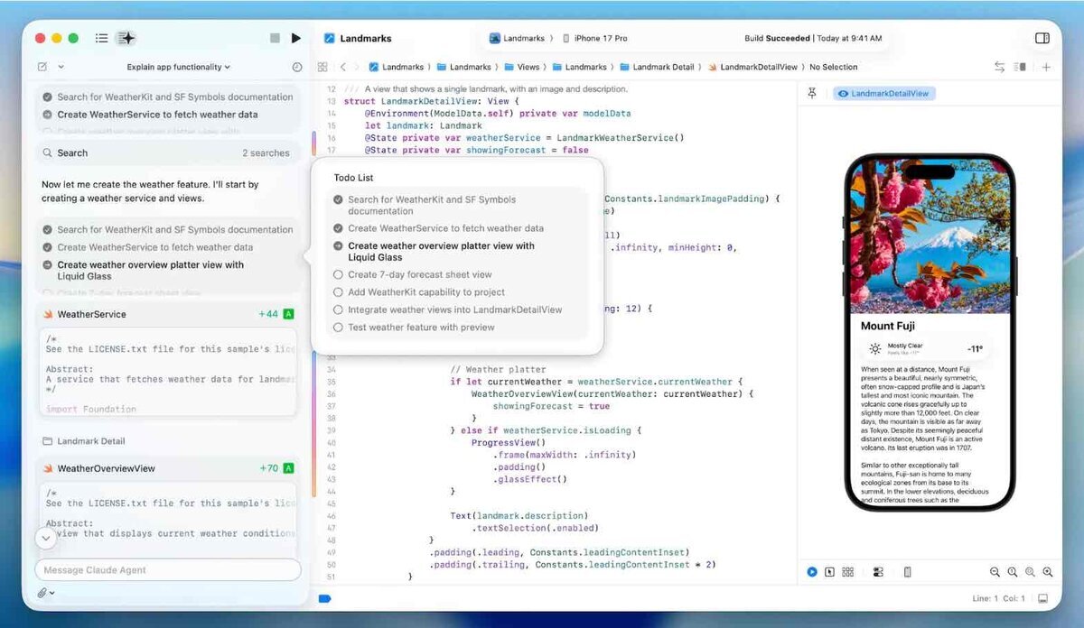 Xcode 26.3の開発画面。Claude Agentのタスク一覧とSwiftUIコード（LandmarkDetailView）が表示され、右側のiPhone 17 Proシミュレータには「Mount Fuji」の画面と天気ウィジェットがプレビューされている