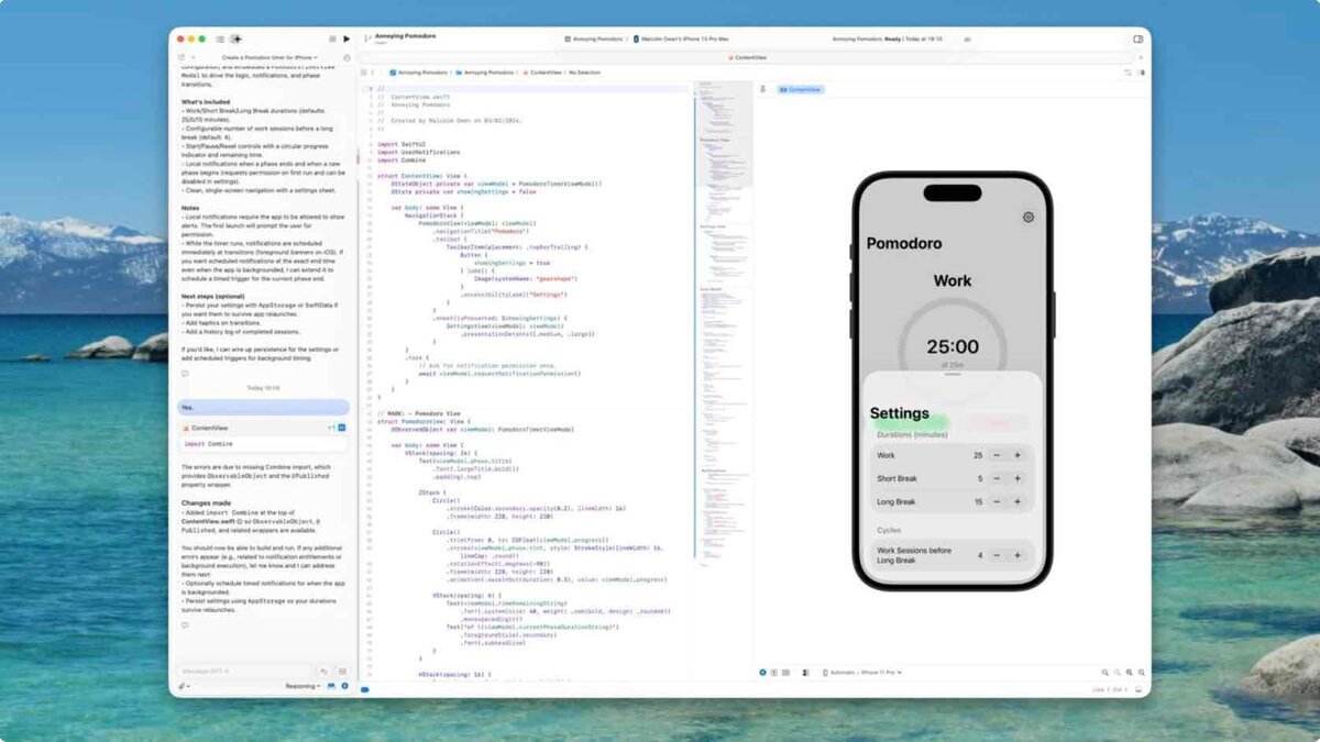 Xcode 26.3の開発画面。Claude Agentによる指示とSwiftUIコードが並び、右側のiPhoneシミュレータには「Pomodoro」作業タイマーアプリのメイン画面と設定シートが表示されている