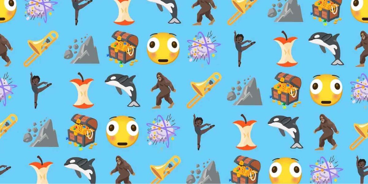 水色の背景に、iOS 26.4で追加が噂されている9種類の新しい絵文字がタイル状に並んでいる。含まれているのは、食べかけのリンゴの芯、トロンボーン、土砂崩れ、宝箱、歪んだ顔、戦いの煙（ファイトクラウド）、毛むくじゃらのクリーチャー、バレエダンサー、そしてシャチの絵文字