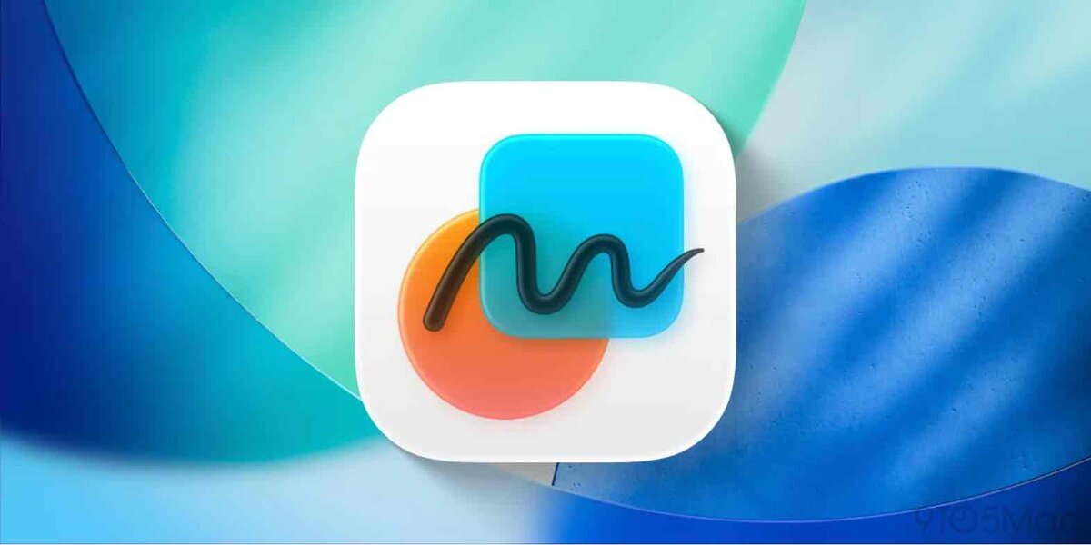 リーボード（Freeform）アプリのアイコンをベースにしたイメージ。白地の角丸四角形の中に、オレンジの円と水色の四角形、その上に黒い曲線が描かれたデザイン。iOS 26.4で噂されているフォルダ機能やプレミアム機能などのアップデートを象徴している