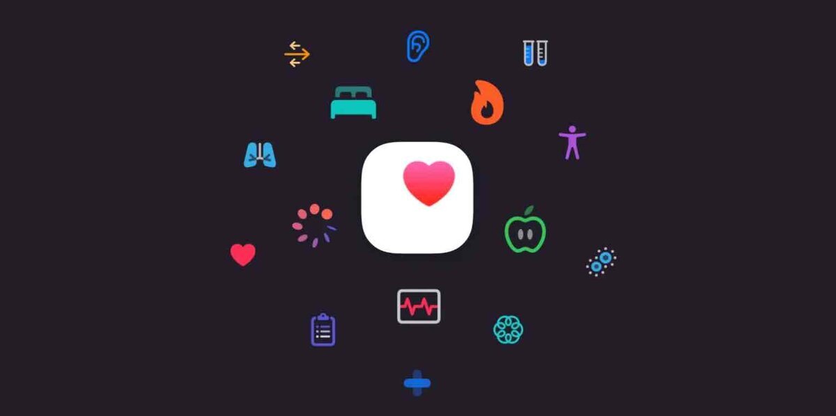 暗い背景の中央にAppleの「ヘルスケア」アプリのアイコンが配置され、その周囲を睡眠、心拍数、活動量、栄養、マインドフルネスなど、ヘルスケアに関連する様々なカテゴリーのカラーアイコンが円状に囲んでいるイラスト