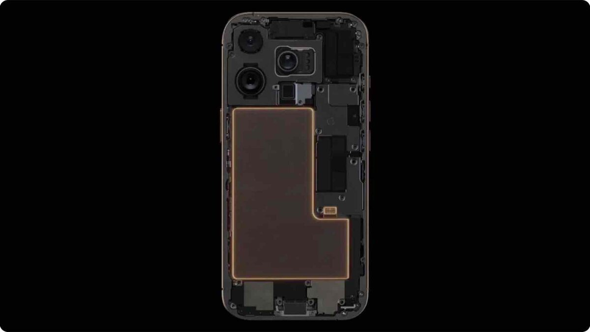 iPhoneの内部構造のレンダリング画像。L字型の大型バッテリーが強調されている