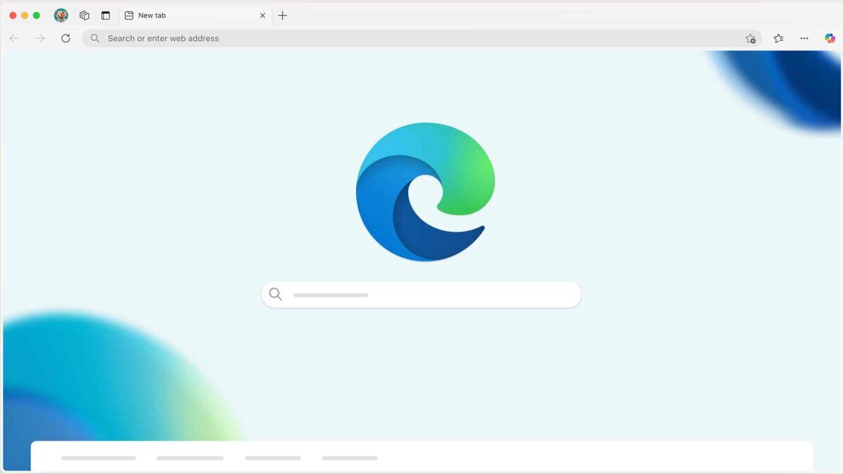 macOS版Microsoft Edgeの新規タブ画面。中央にEdgeのロゴマークと検索バーが表示されており、背景には青と緑のグラデーションが施されている