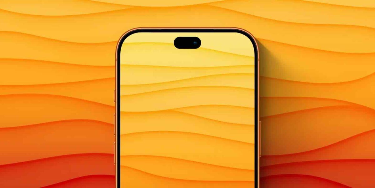 オレンジからイエローの波状グラデーション壁紙を表示したiPhone 18 Proコンセプトの正面イメージ。画面上部には小型化されたDynamic Islandが配置され、ベゼルの細さが強調されている