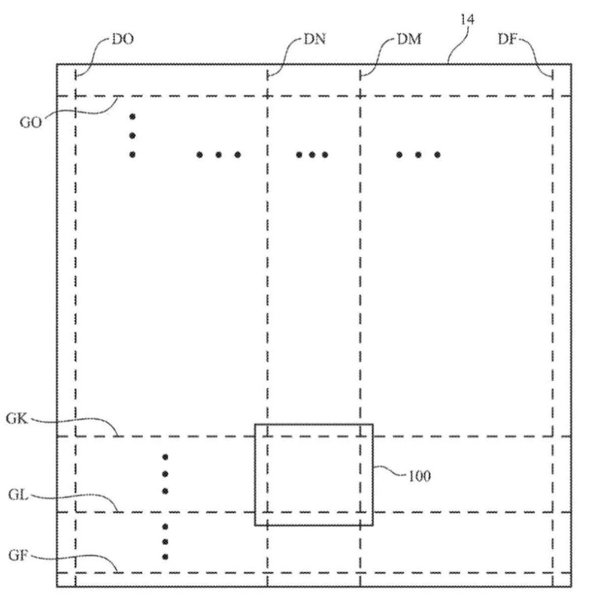 ディスプレイ上の複数領域（DO/DN/DM/DF）と、中央付近の検出領域（100）を破線で区切って示した特許図