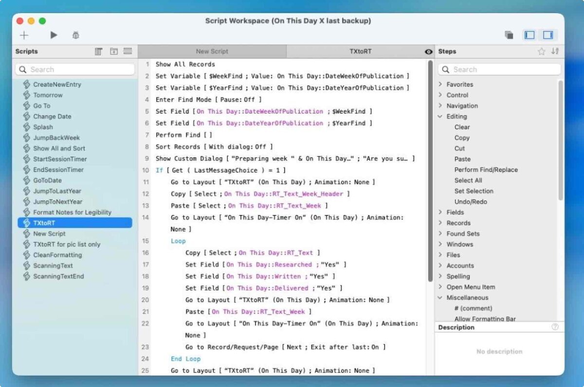 FileMaker Proのスクリプトワークスペース画面。複数のスクリプトステップが並び、詳細設定が表示されているUI