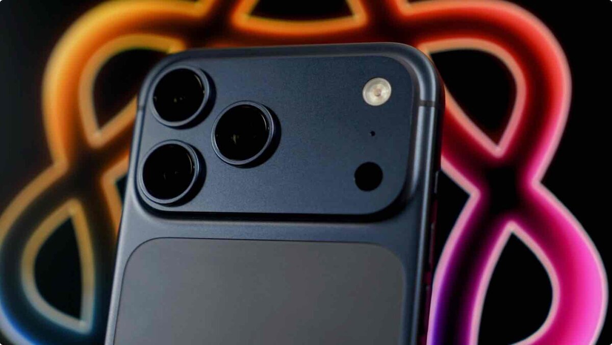 iPhone 17 Proの背面カメラユニットのクローズアップ。水平に伸びるカメラバーに3つのレンズとフラッシュが配置されており、背景にはApple Intelligenceを彷彿とさせる虹色の光るロゴが置かれている