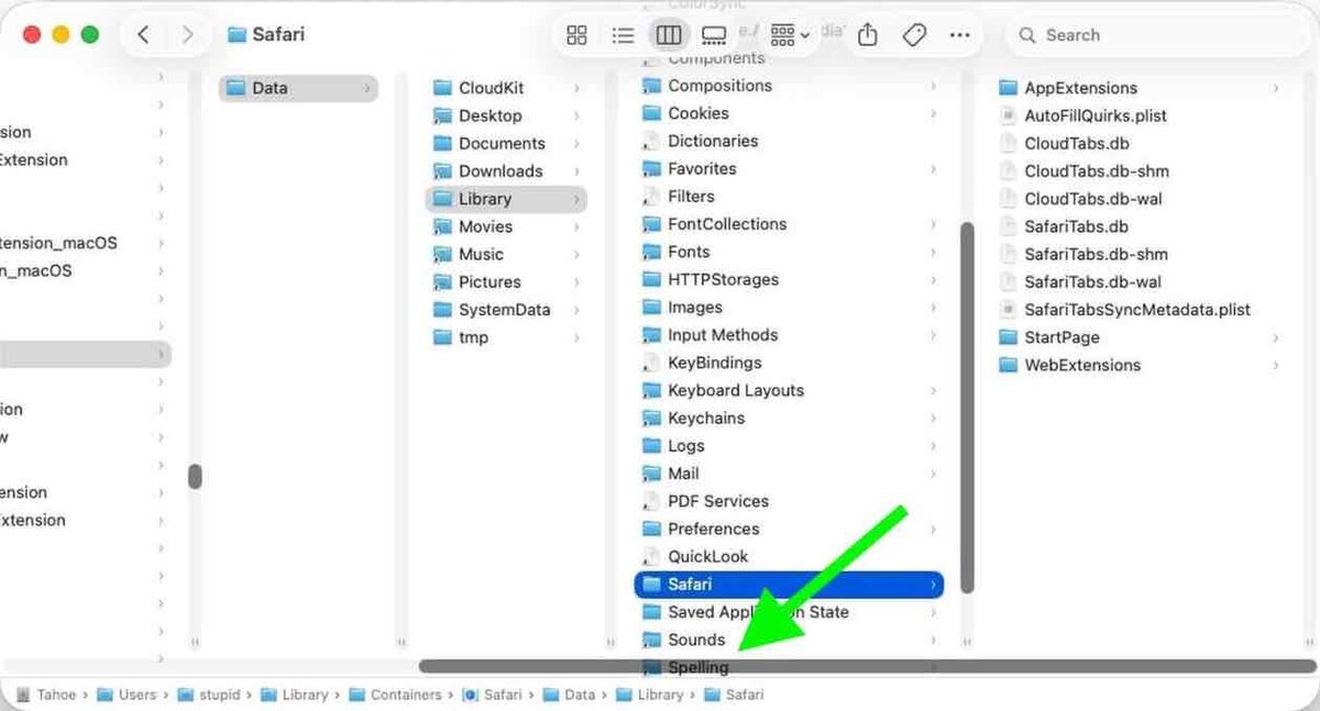 macOSのFinderで「Users ＞ ユーザー名 ＞ Library ＞ Containers ＞ com.apple.Safari ＞ Data ＞ Library ＞ Safari」フォルダを開いている画面。右ペインにSafari関連のデータファイルが表示され、Safariフォルダが選択されている
