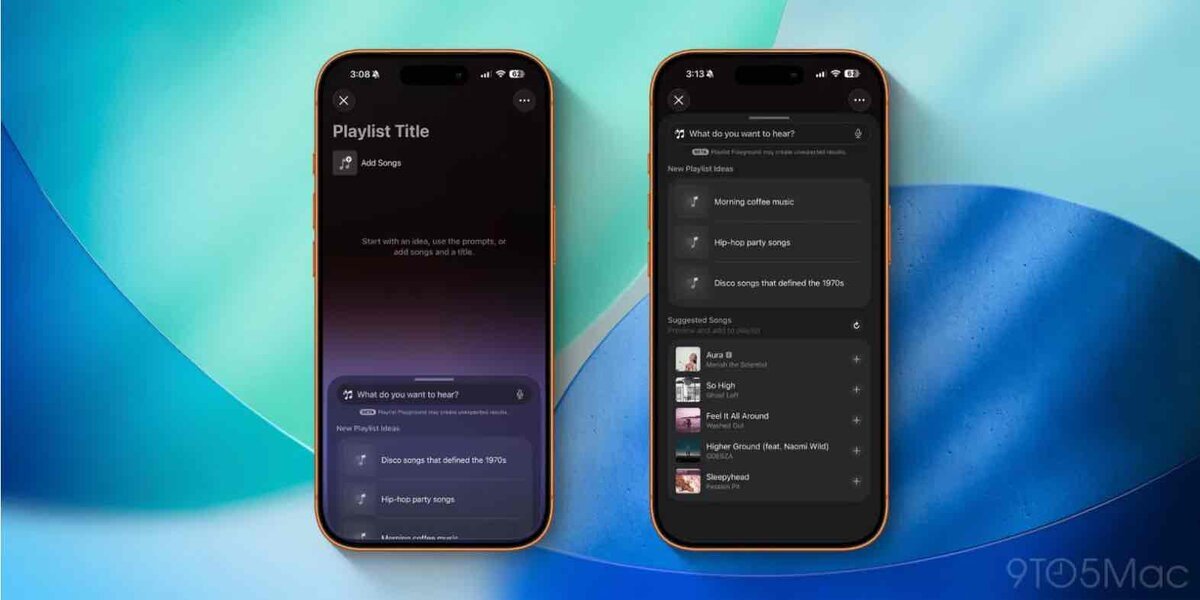青と緑のグラデーション背景の前に2台のiPhoneが並び、左はプレイリスト作成画面、右は「What do you want to hear?」と表示されたApple Musicのおすすめ・候補曲リスト画面を表示しているイメージ画像