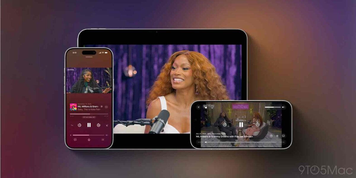 iPhone・iPad・横向きiPhoneの3台に同じポッドキャスト動画が表示され、スタジオでインタビューを受ける女性の映像と再生コントロール画面が映っているイメージ画像