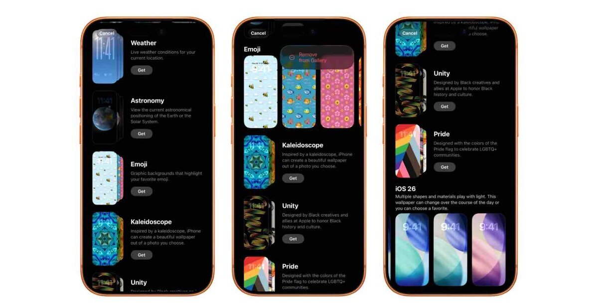 3台のiPhoneに壁紙ギャラリー画面が表示され、「Weather」「Astronomy」「Emoji」「Kaleidoscope」「Unity」「Pride」「iOS 26」などの壁紙オプション一覧とプレビューが並んでいるイメージ画像