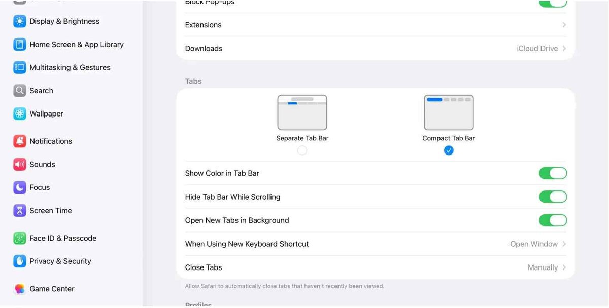 iPadの設定アプリ内Safari設定画面で「Compact Tab Bar」が選択されている様子のスクリーンショット