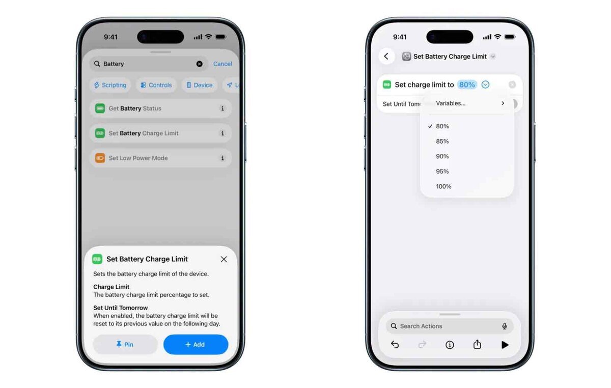 iPhoneのショートカットアプリ画面。左は「Set Battery Charge Limit」アクションの説明画面、右は充電上限を80%に設定し、80〜100%から選択できるドロップダウンメニューが表示されている
